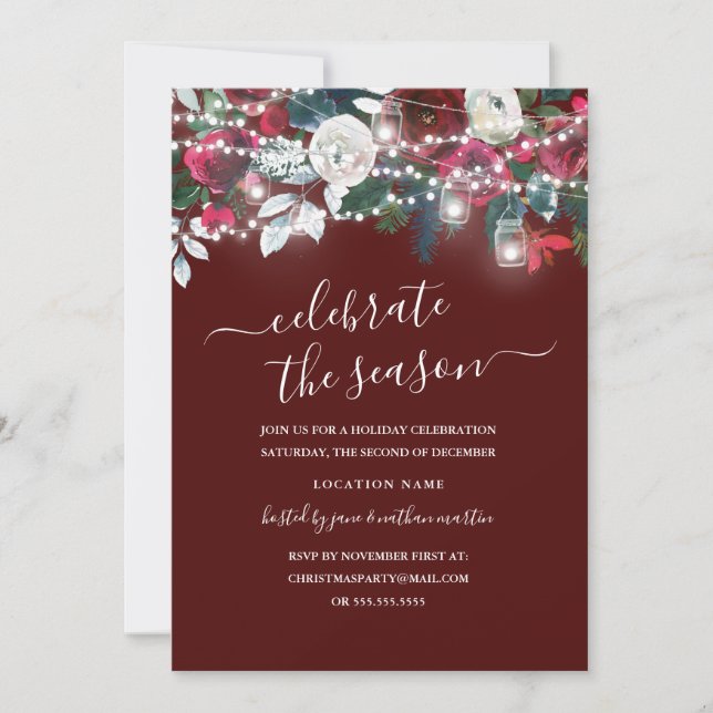 Red Burgundy Floral Lights Christmas Invitation (Front)