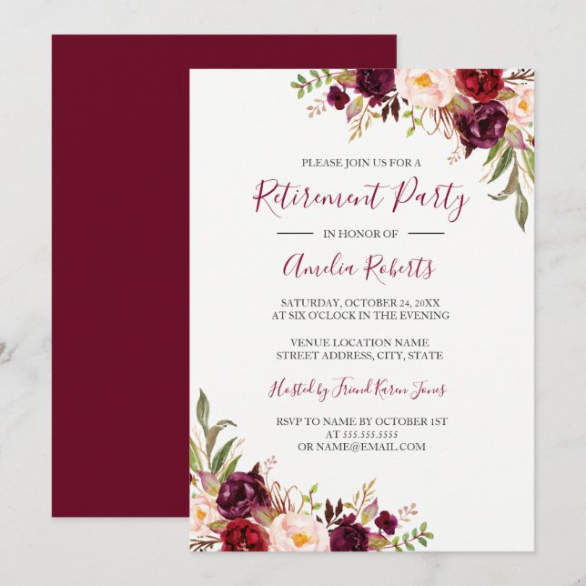 Red Burgundy Floral Retirement Party Invitation (Front/Back)