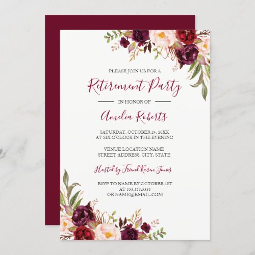 Red Burgundy Floral Retirement Party Invitation