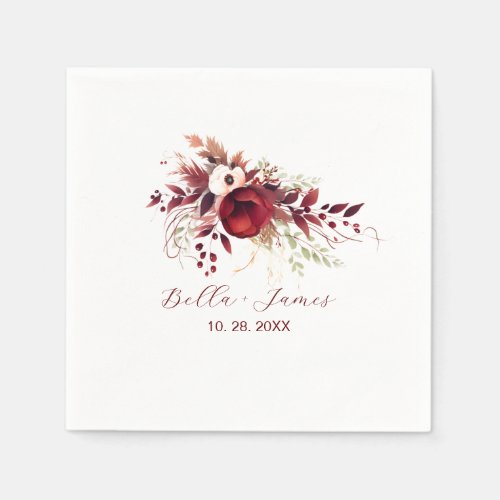 Red Burgundy Floral Wedding  Napkins