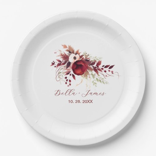 Red Burgundy Floral Wedding  Paper Plates