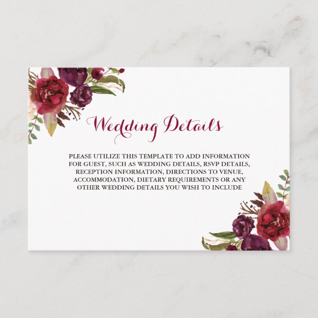 Red Burgundy Floral Wedding Reception Details Enclosure Card (Front)