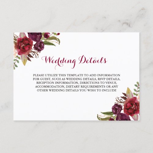 Red Burgundy Floral Wedding Reception Details Enclosure Card