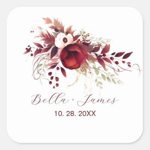 Red Burgundy Floral Wedding  Square Sticker