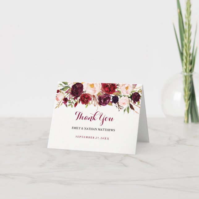 Red Burgundy Floral Wedding Thank You Card (Front)