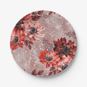Red, burgundy flowers. paper plates