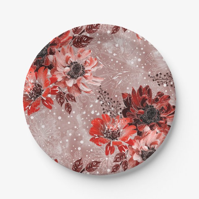 Red, burgundy flowers. paper plates (Front)