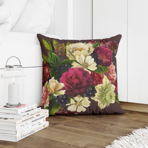 Red burgundy garnet green and cream flowers throw pillow