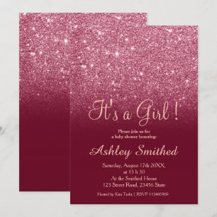 Red burgundy glitter chic ombre girl baby shower invitation