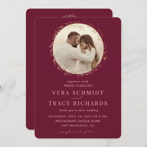  Red Burgundy Gold  All in one Photo Rsvp Wedding Invitation