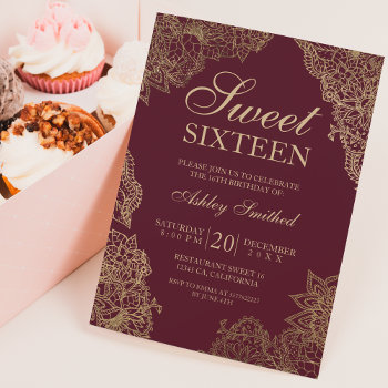 Red Burgundy Gold Floral Elegant Sweet Sixteen Invitation by girly_trend at Zazzle