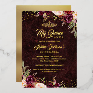 Red Burgundy Gold Floral Quinceanera  Foil Invitation