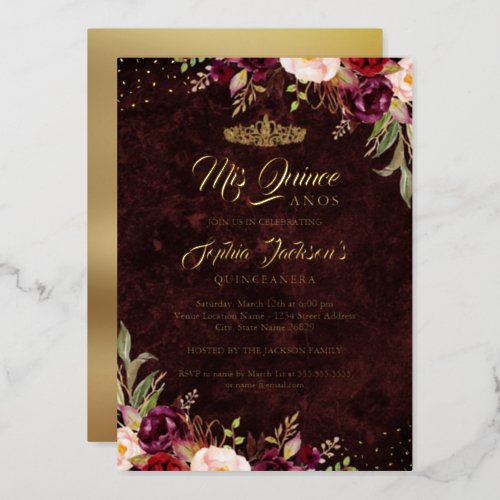 Red Burgundy Gold Floral Quinceanera  Foil Invitation