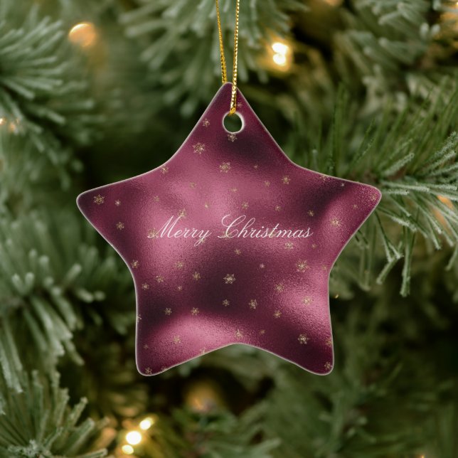 Red Burgundy Gold Glitter Snowflakes   Ceramic Ornament (Tree)