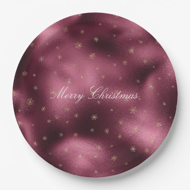 Red Burgundy Gold Glitter Snowflakes     Paper Plates (Front)