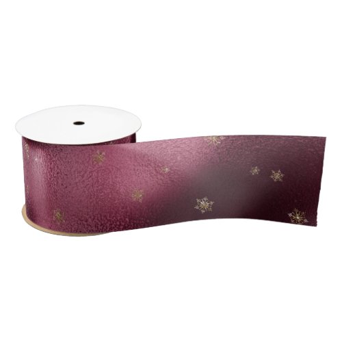 Red Burgundy Gold Glitter Snowflakes Satin Ribbon