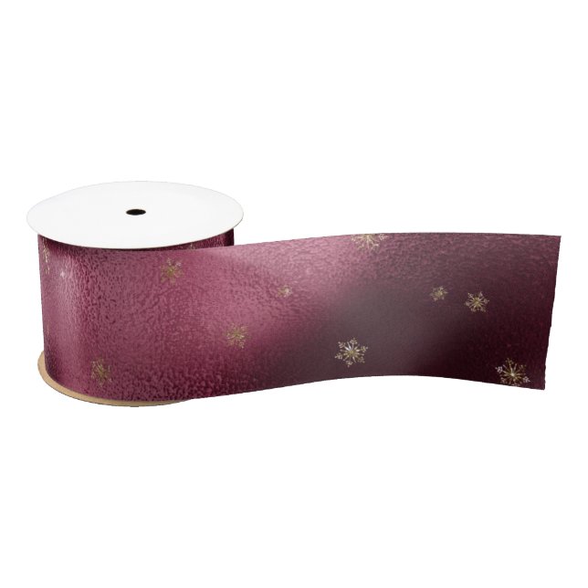 Red Burgundy Gold Glitter Snowflakes Satin Ribbon (Spool)
