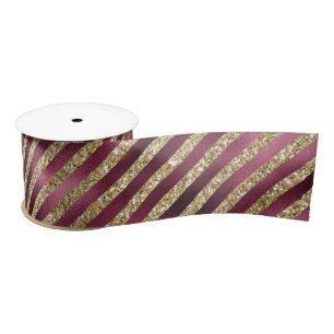 Red Burgundy Gold Glitter Stripes Satin Ribbon