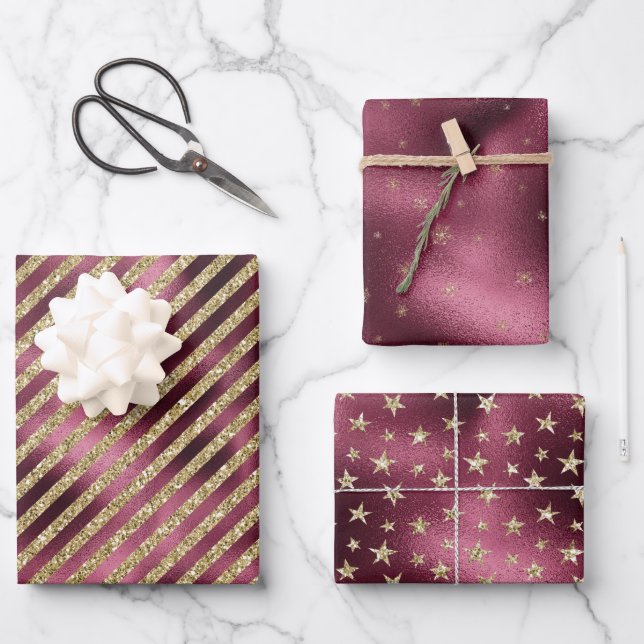 Red Burgundy Gold Glitter Stripes Stars   Wrapping Paper Sheets (Front)