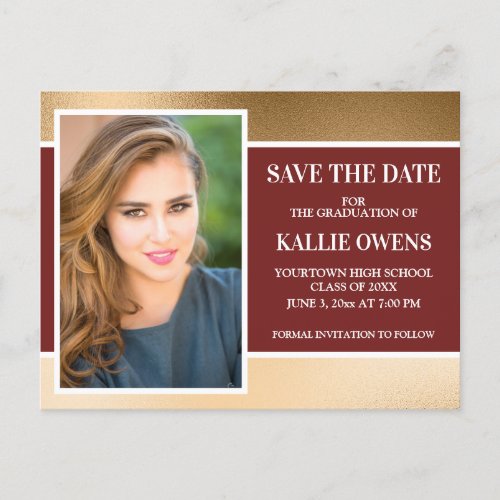 Red Burgundy Gold Graduation Save the Date Photo Announcement Postcard