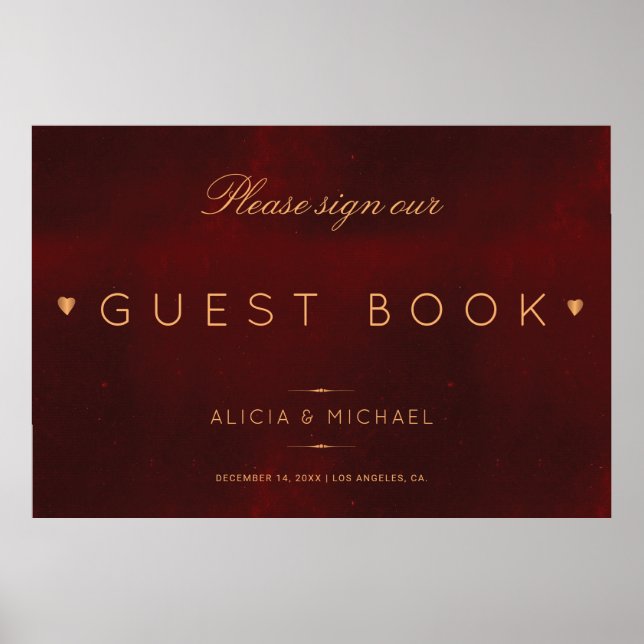 Red burgundy gold guest book wedding sign (Front)
