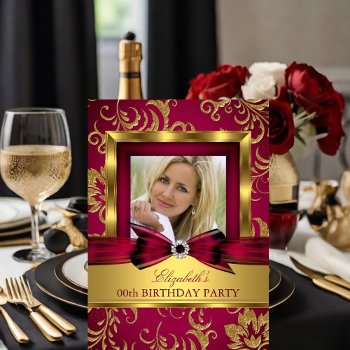 Red Burgundy Gold Photo Birthday Party Invitation by Zizzago at Zazzle