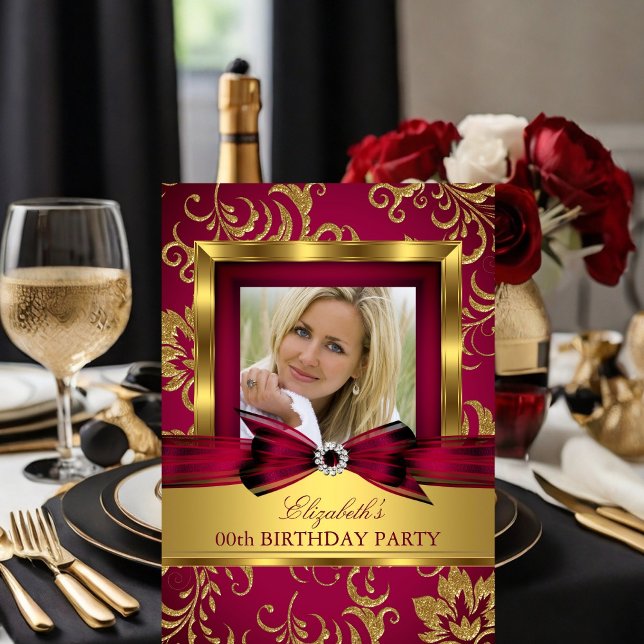 Red Burgundy Gold Photo Birthday Party Invitation (Creator Uploaded)