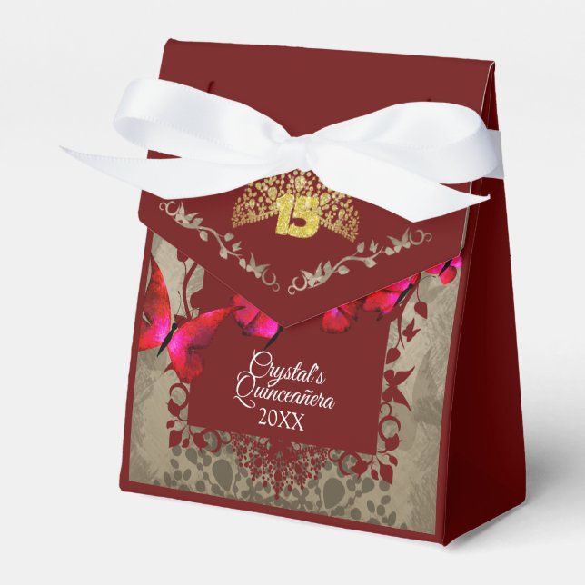 Red, Burgundy, Gold Tiara Quinceanera Favor Box (Front Side)