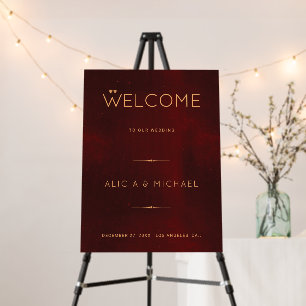 Red burgundy gold winter wedding welcome sign