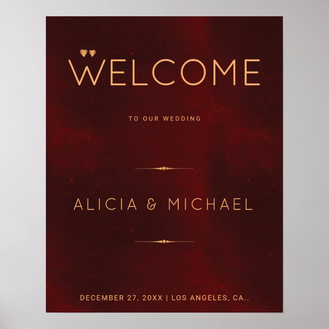 Red burgundy gold winter wedding Welcome Sign (Front)
