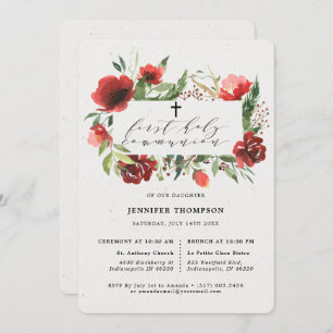Red Burgundy Greenery Eucalyptus First Communion Invitation