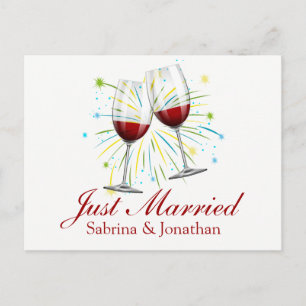 Red Burgundy Just Married Wine Glasses Wedding Announcement Postcard