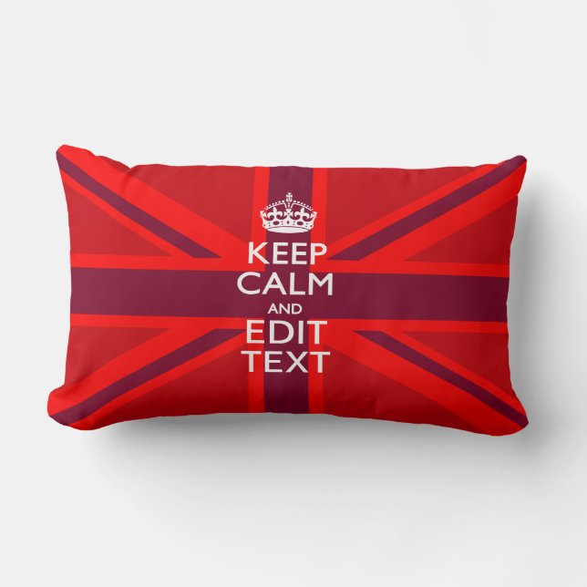Red Burgundy Keep Calm Your Text Union Jack Flag Lumbar Pillow (Front)