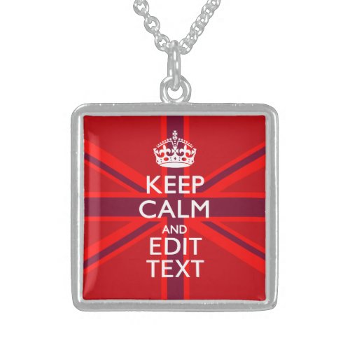 Red Burgundy Keep Calm Your Text Union Jack Flag Sterling Silver Necklace