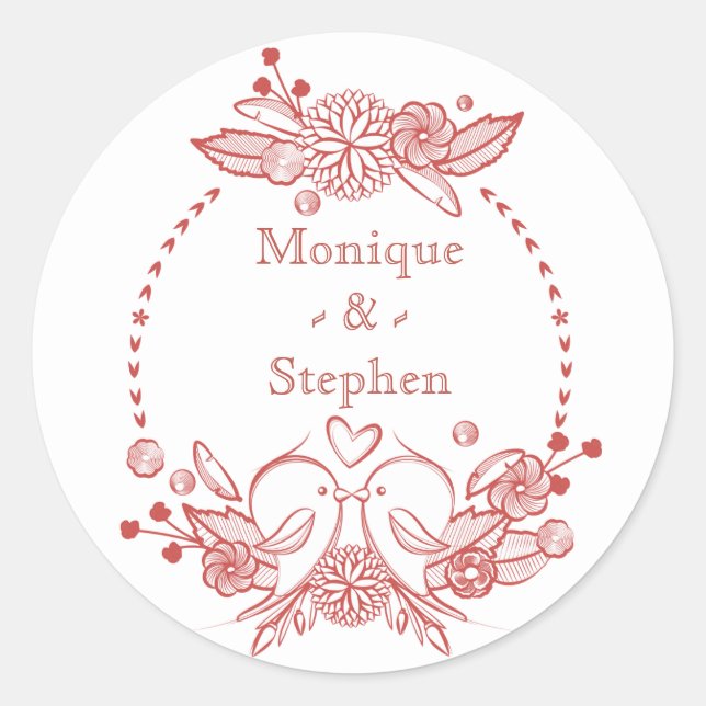 Red Burgundy LoveBirds Floral Personalized Name Classic Round Sticker (Front)