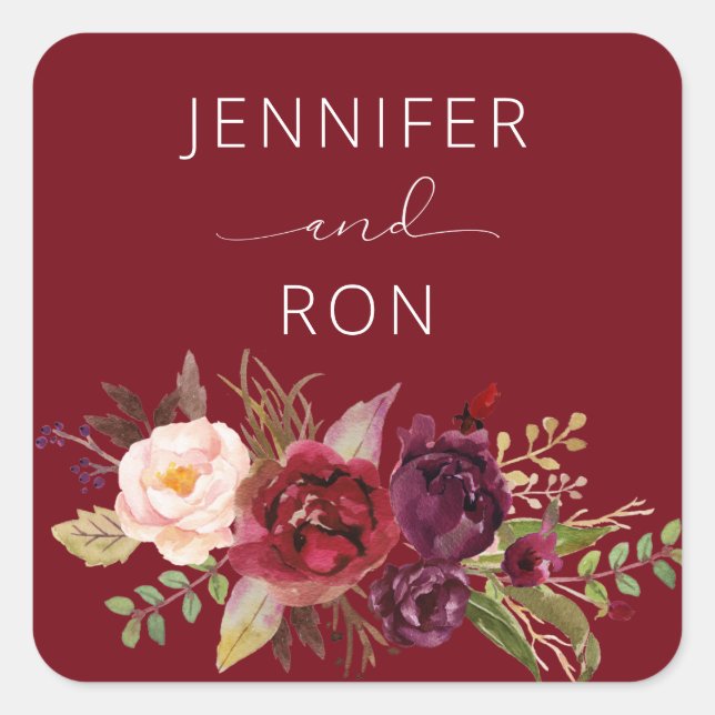 Red Burgundy Marsala Floral Name Square Square Sticker (Front)