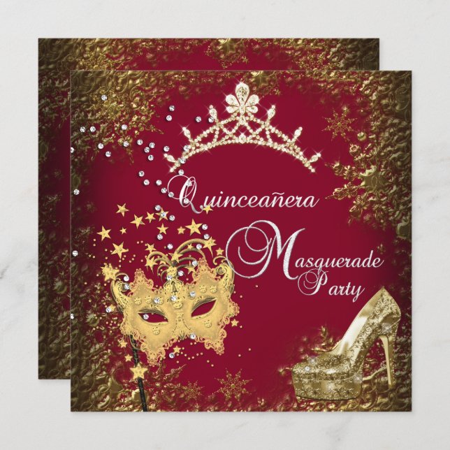red/burgundy Masquerade Quinceanera 15th Party Invitation (Front/Back)