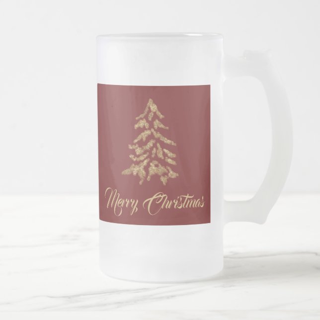 Red Burgundy Merry Christmas Golden Tree Frosted Glass Beer Mug (Right)