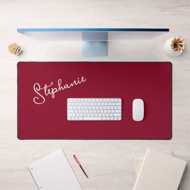 Red Burgundy Minimalist Personalized Script Name  Desk Mat (Office 1)