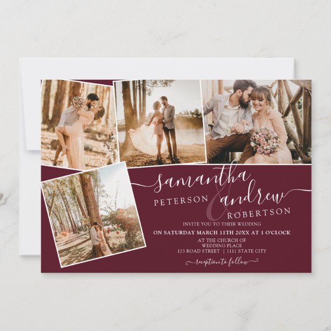 Red burgundy minimalist script 5 photos wedding invitation (Back)