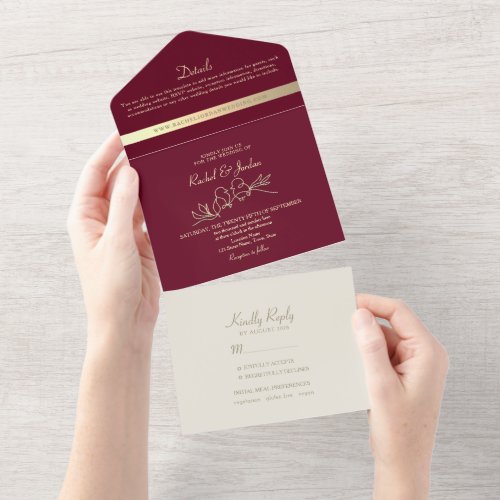 Red Burgundy Minimalist Wedding All In One Invitation