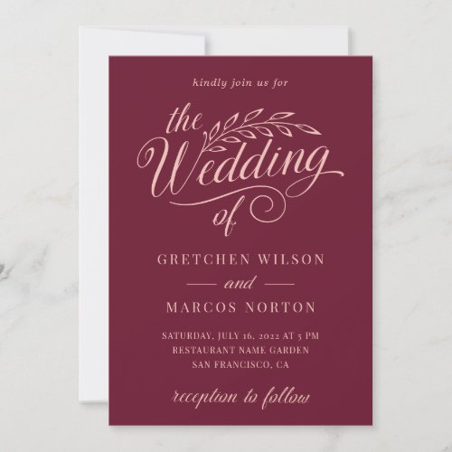  Red Burgundy Modern Elegant Calligraphy Wedding  Invitation