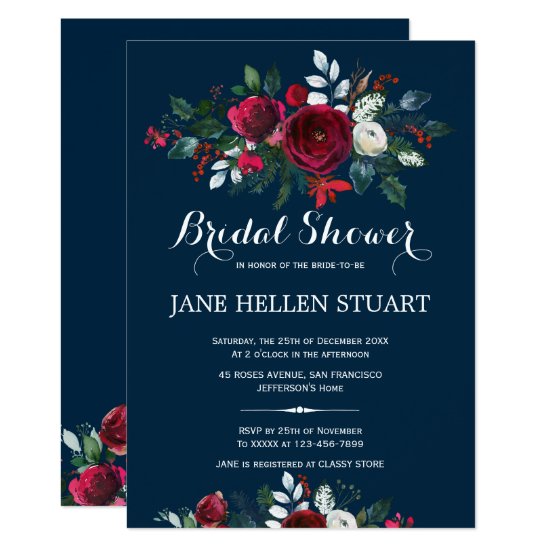 Red burgundy navy blue winter floral bridal shower invitation