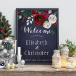 Red Burgundy Navy Blue Winter Wedding Welcome Sign<br><div class="desc">Chic and classy wedding sign poster with watercolor red burgundy and white peonies with winter seasonal fir branches,  red berries and foliage and with custom red script lettering on a dark midnight navy blue chalkboard background               Suitable for floral rustic country / elegant Christmas / winter seasonal weddings.</div>