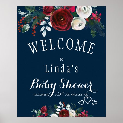 Red Burgundy Navy Rustic Winter Floral Baby Shower Poster