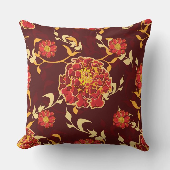 Red Burgundy Orange Floral Print Throw Pillow (Front)