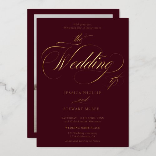 Red burgundy photo calligraphy wedding gold foil foil invitation