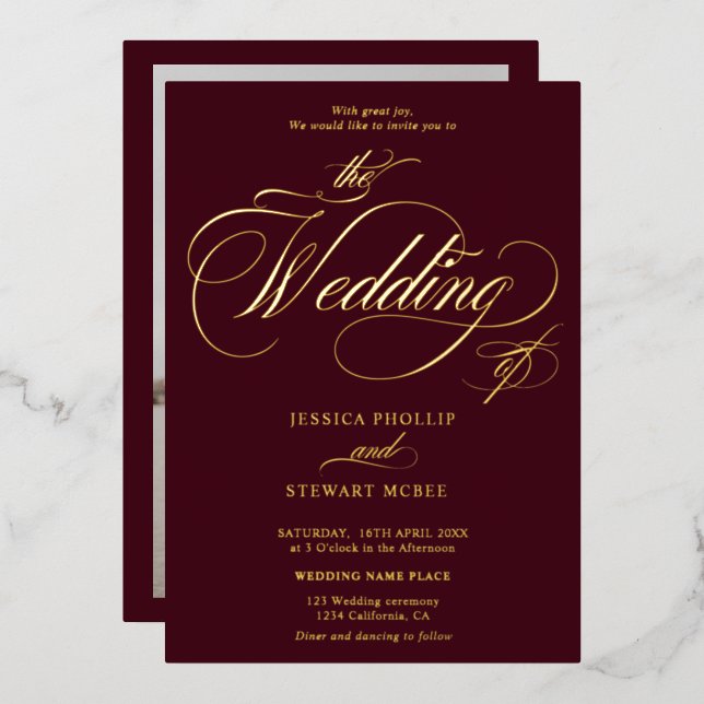 Red burgundy photo calligraphy wedding gold foil foil invitation (Front/Back)