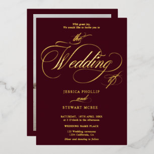 Red burgundy photo calligraphy wedding gold foil invitation