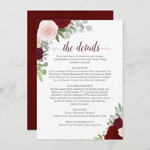 Red Burgundy  Pink Roses Rustic Wedding Details Enclosure Card